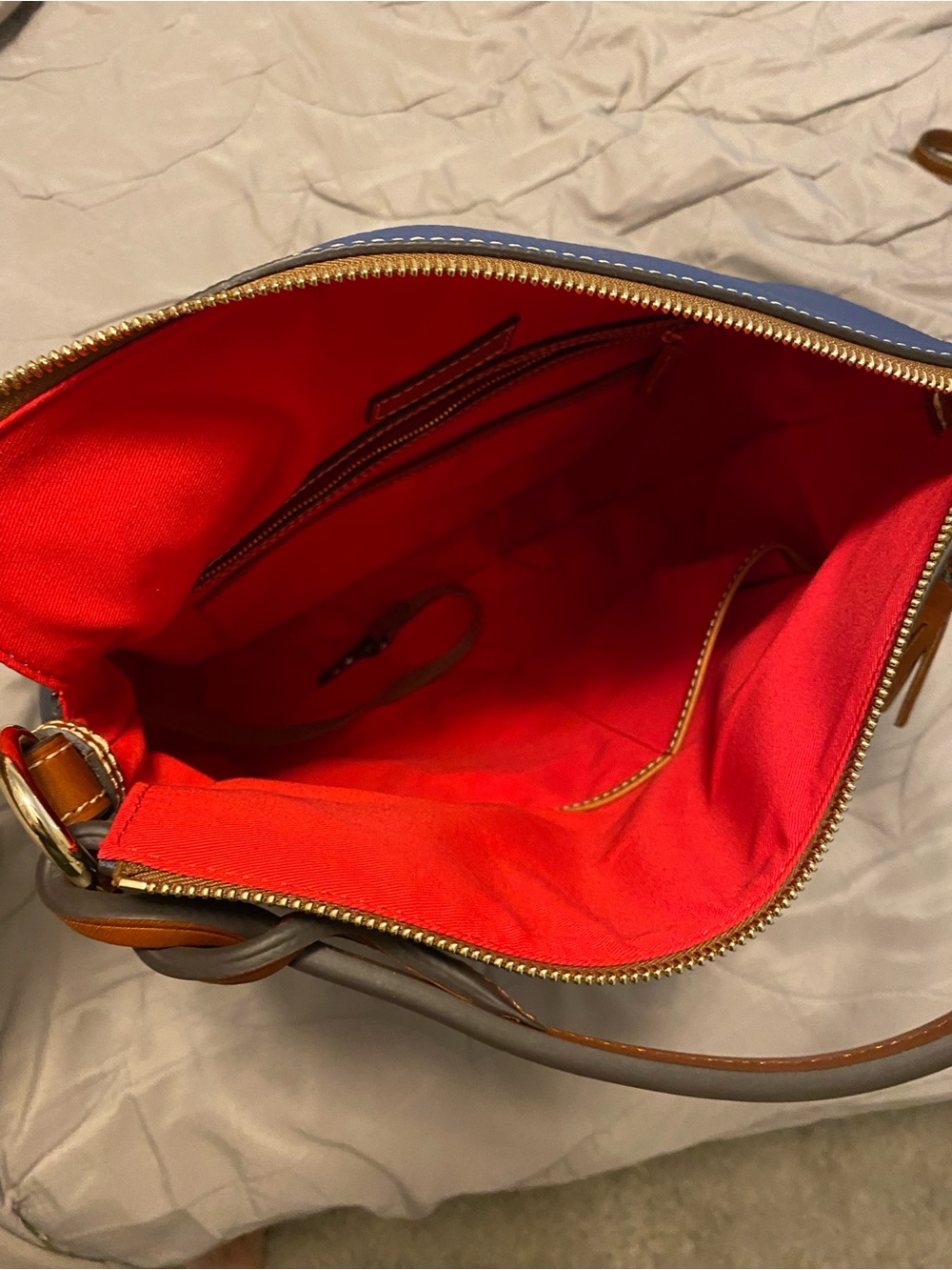 Dooney & Bourke Blue Pebbled Leather Hobo with Tan Trim and Tassel - Picture 7 of 11